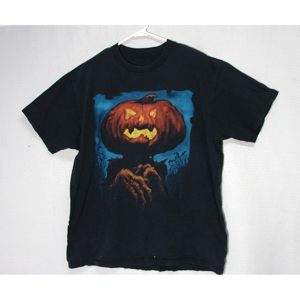Vtg Y2K Ben Scoter Horror Pumpkin Head Spooky Halloween Black T Shirt L Distress